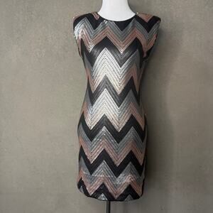 As U Wish Chevron Sequin Mini Dress Open Back Black Rose Gold Silver Medium